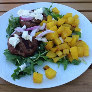 goat cheese, arugula, red onion, and golden beets